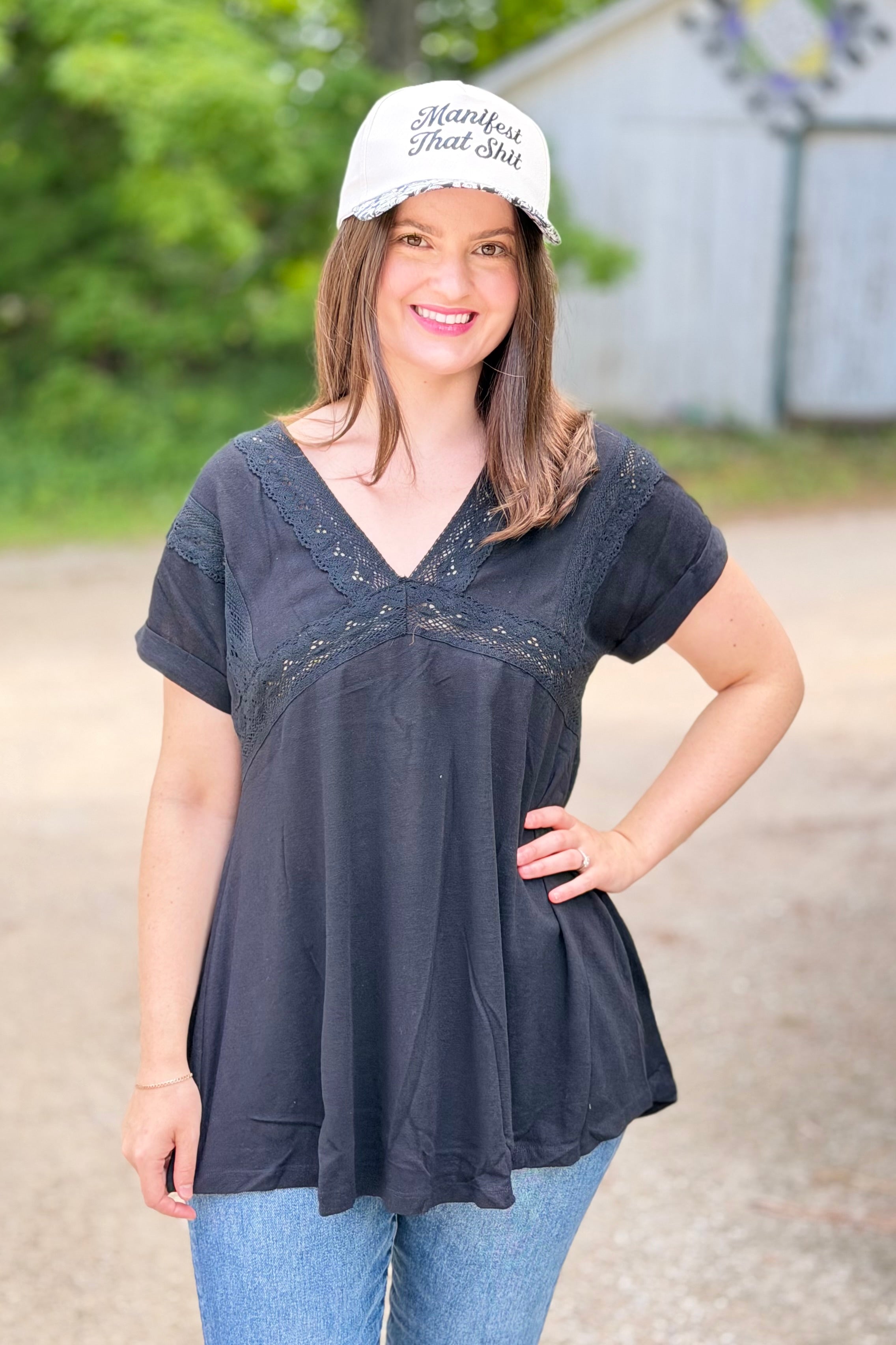 Sena V-Neck Lace Top - Black