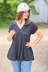 Sena V-Neck Lace Top - Black