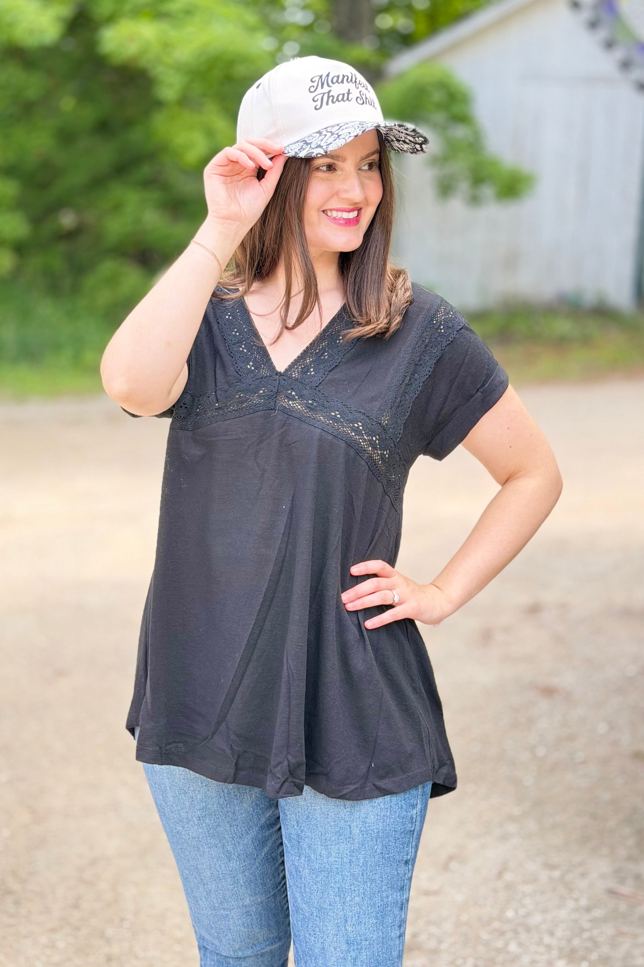 Sena V-Neck Lace Top - Black
