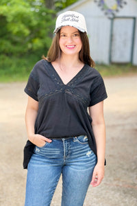 Sena V-Neck Lace Top - Black