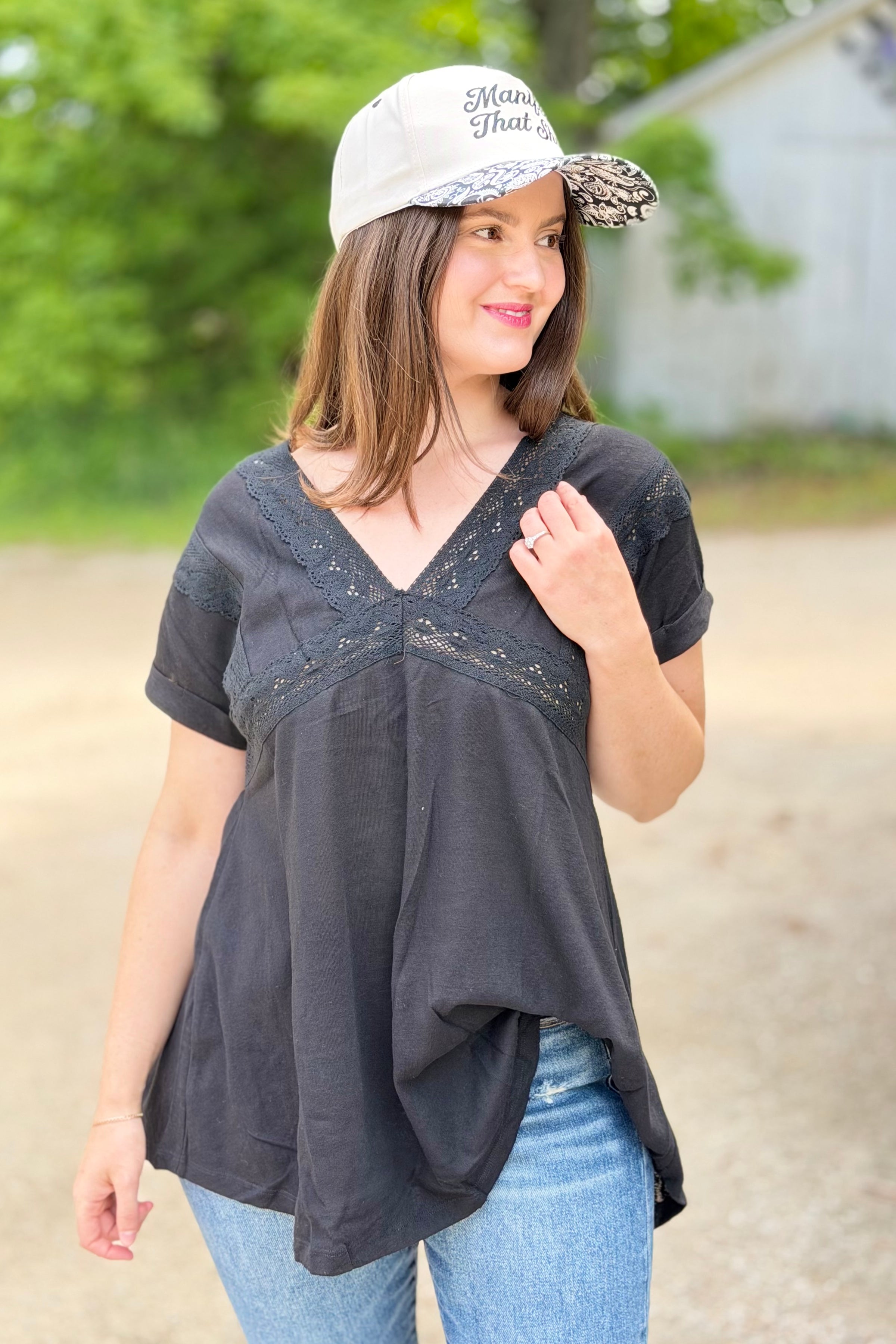 Sena V-Neck Lace Top - Black