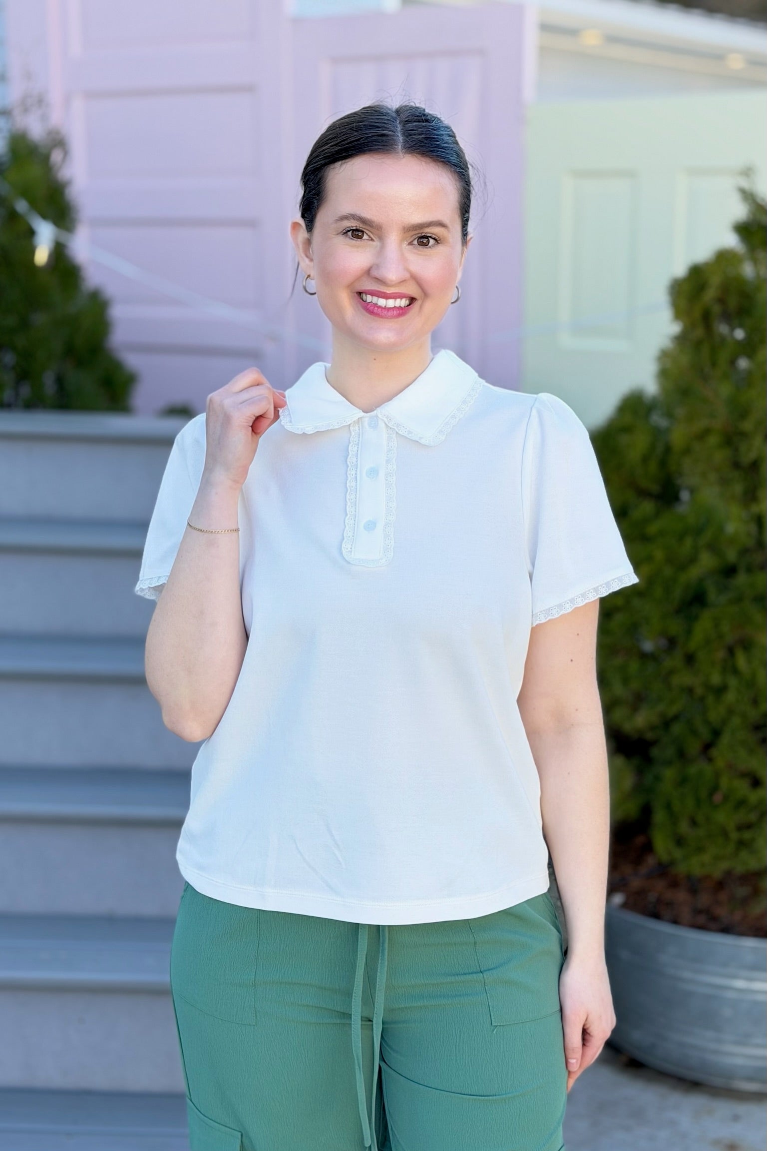 Collared Lace Trim Polo Top - White
