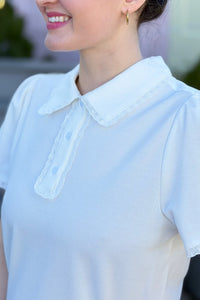 Collared Lace Trim Polo Top - White