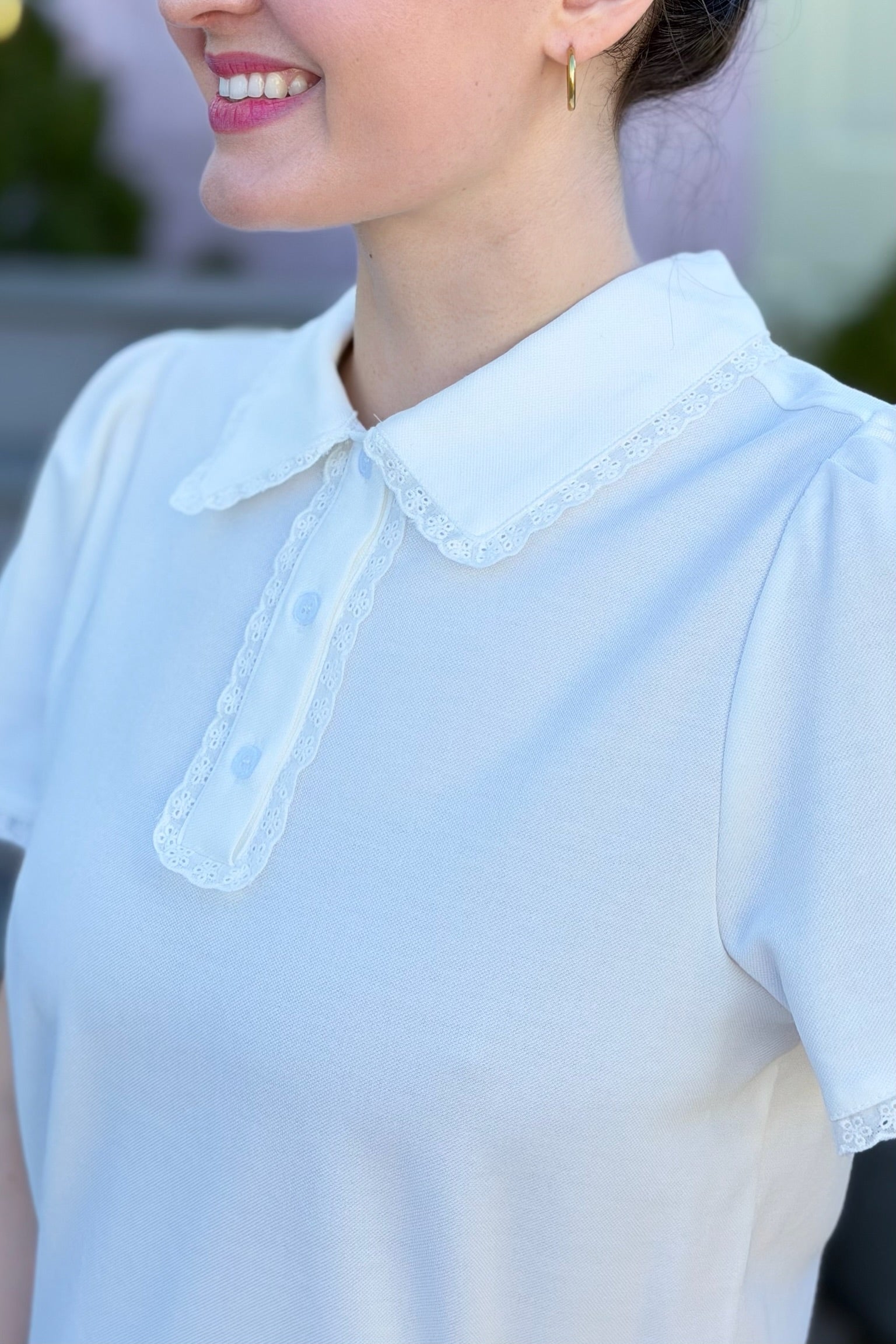 Collared Lace Trim Polo Top - White