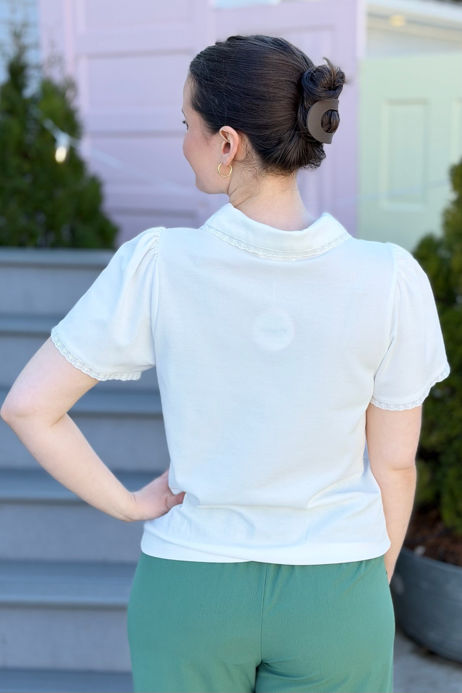 Collared Lace Trim Polo Top - White