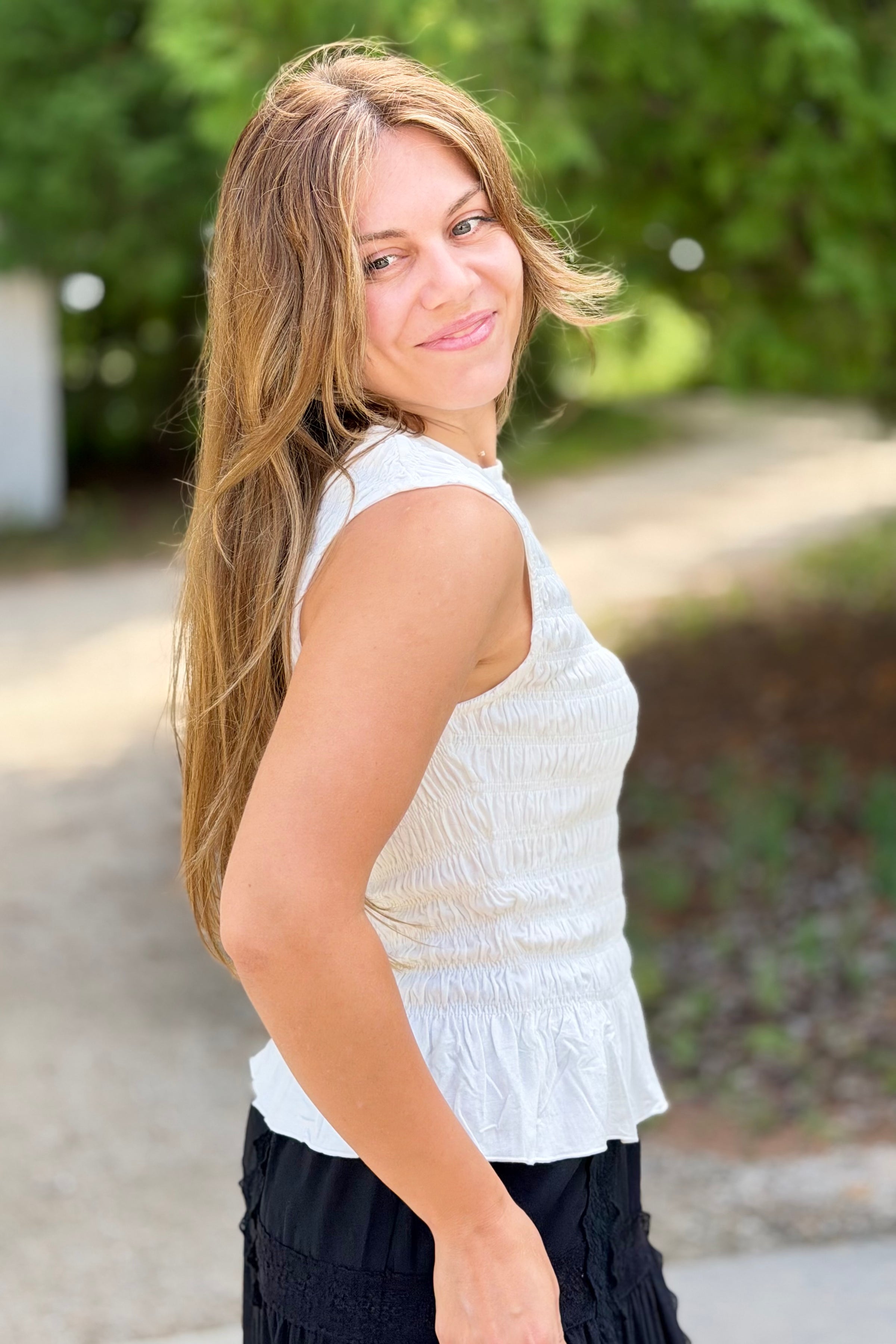 Smocked Ruffle Tank Top - White
