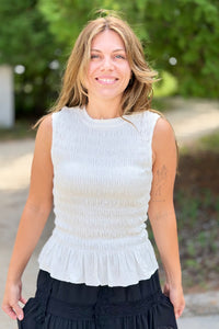 Smocked Ruffle Tank Top - White