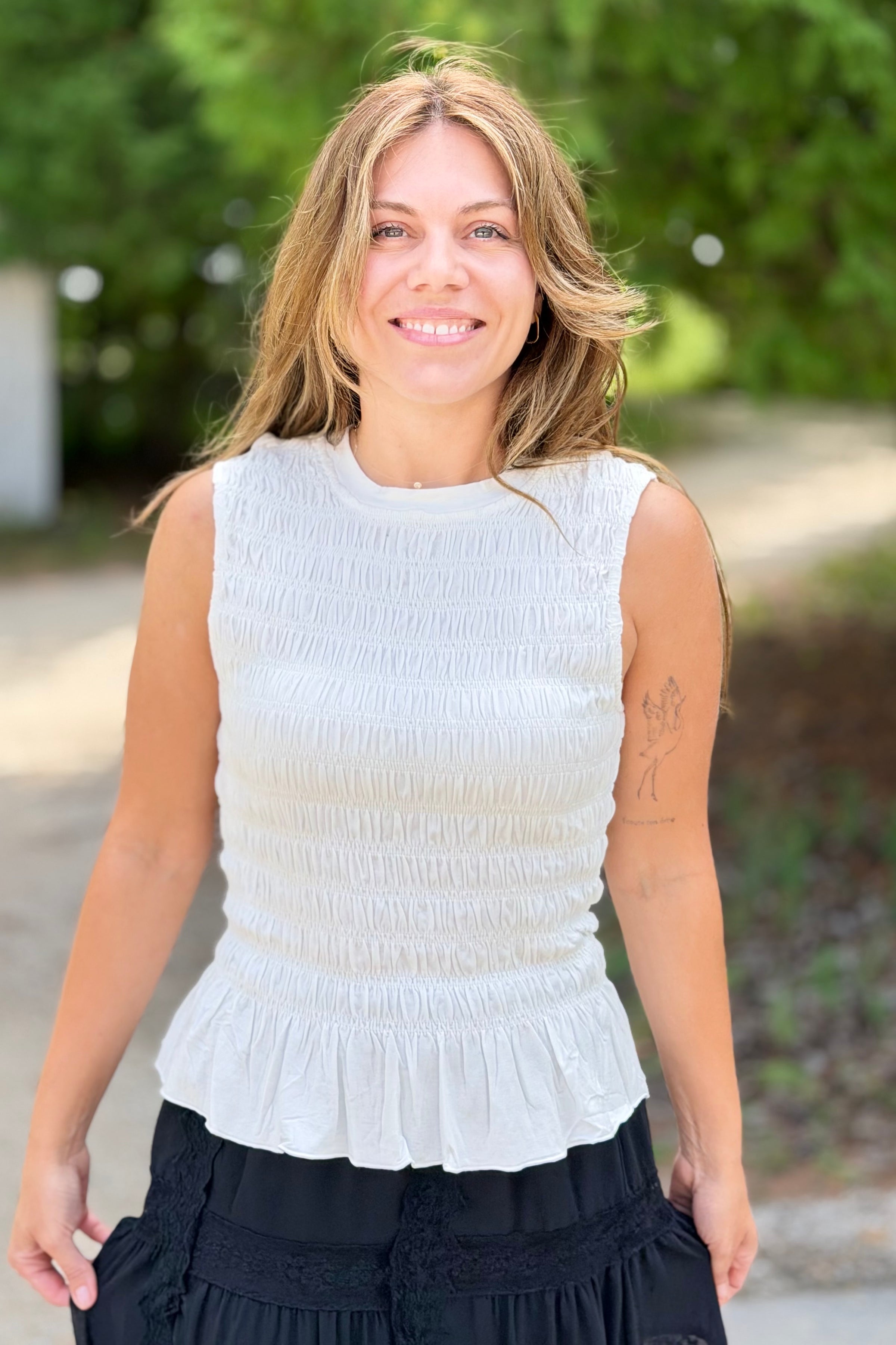Smocked Ruffle Tank Top - White