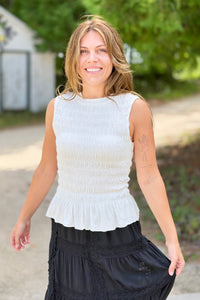 Smocked Ruffle Tank Top - White