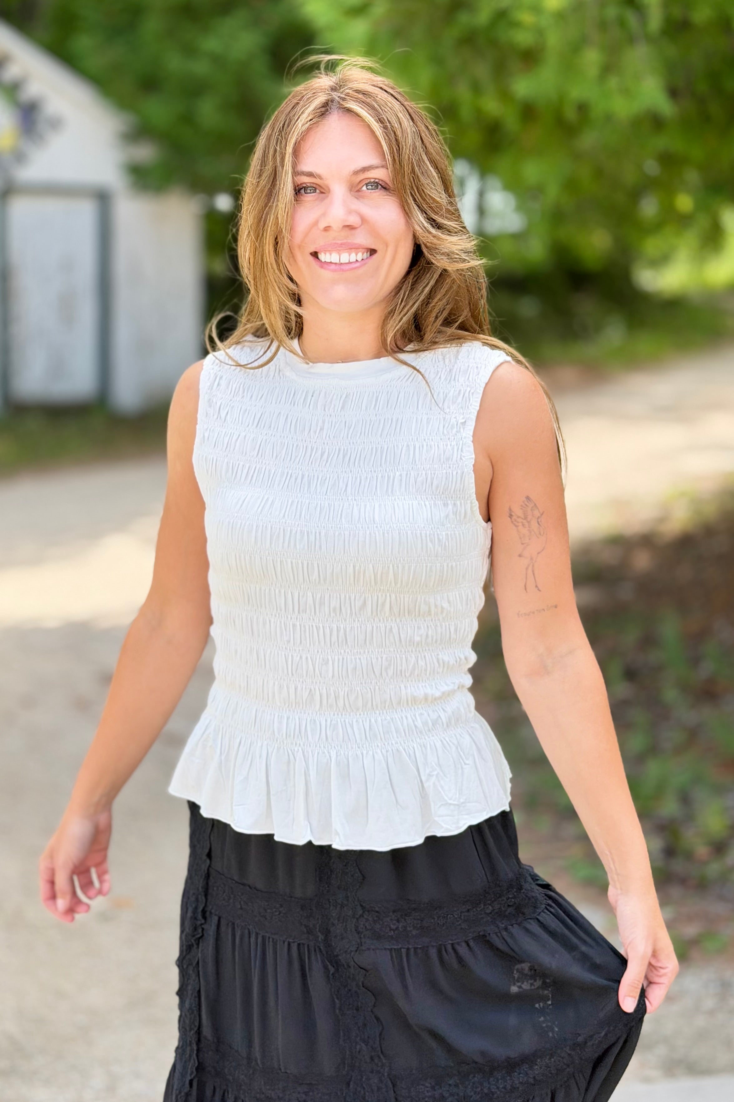 Smocked Ruffle Tank Top - White