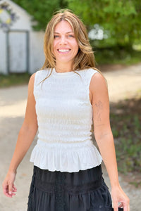 Smocked Ruffle Tank Top - White