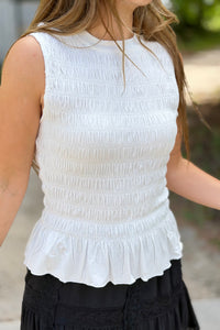 Smocked Ruffle Tank Top - White