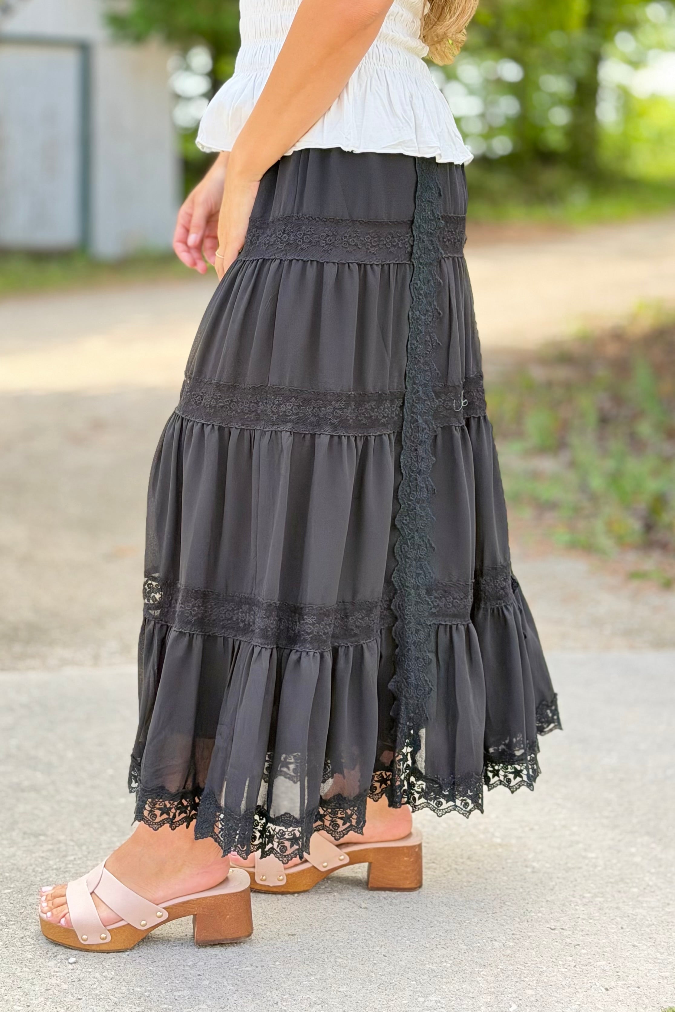 Lace Trim Maxi Skirt - Black