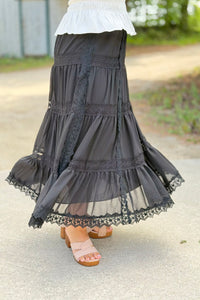 Lace Trim Maxi Skirt - Black