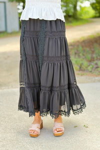 Lace Trim Maxi Skirt - Black
