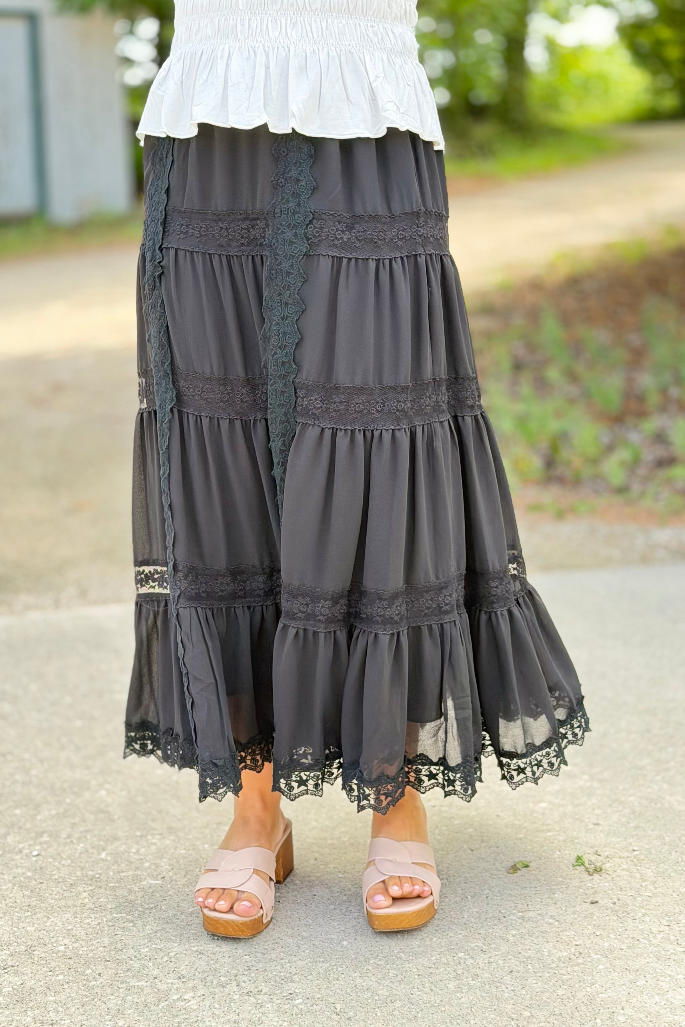 Lace Trim Maxi Skirt - Black