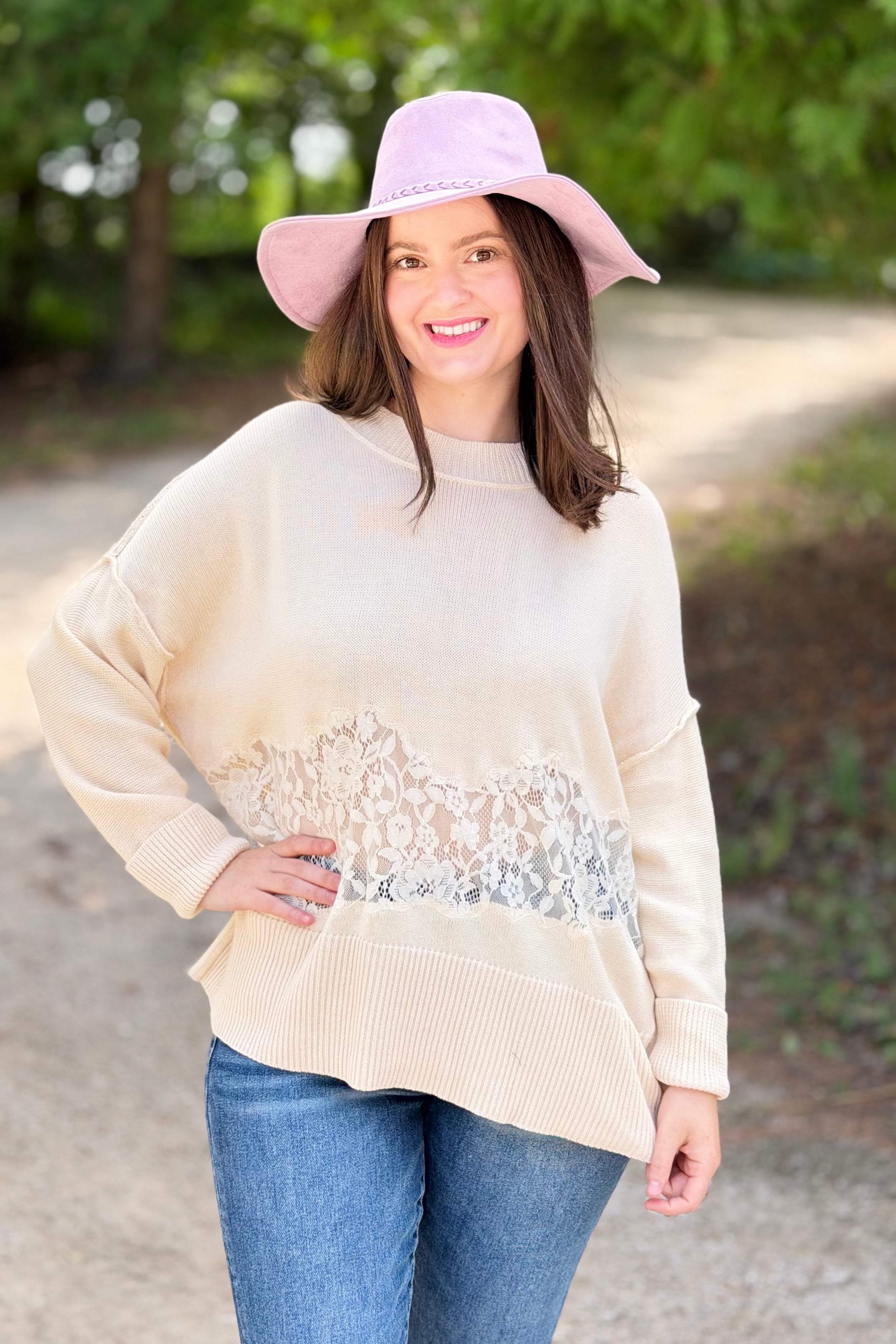 Dropped Shoulder Sweater W/ Lace Detail