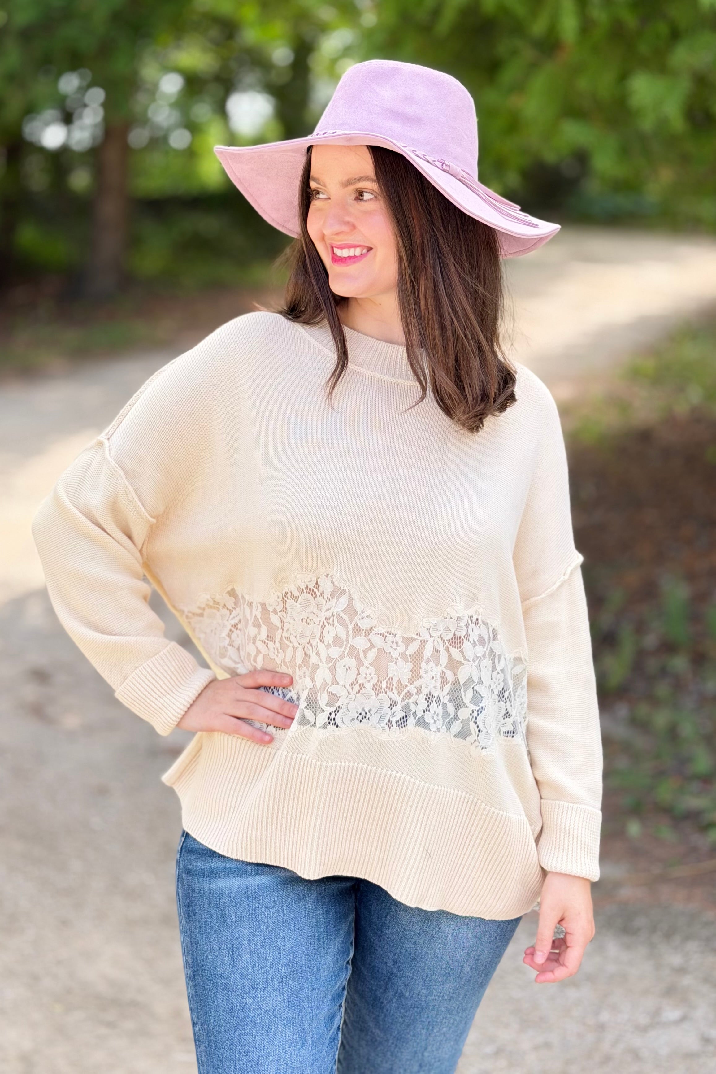 Dropped Shoulder Sweater W/ Lace Detail
