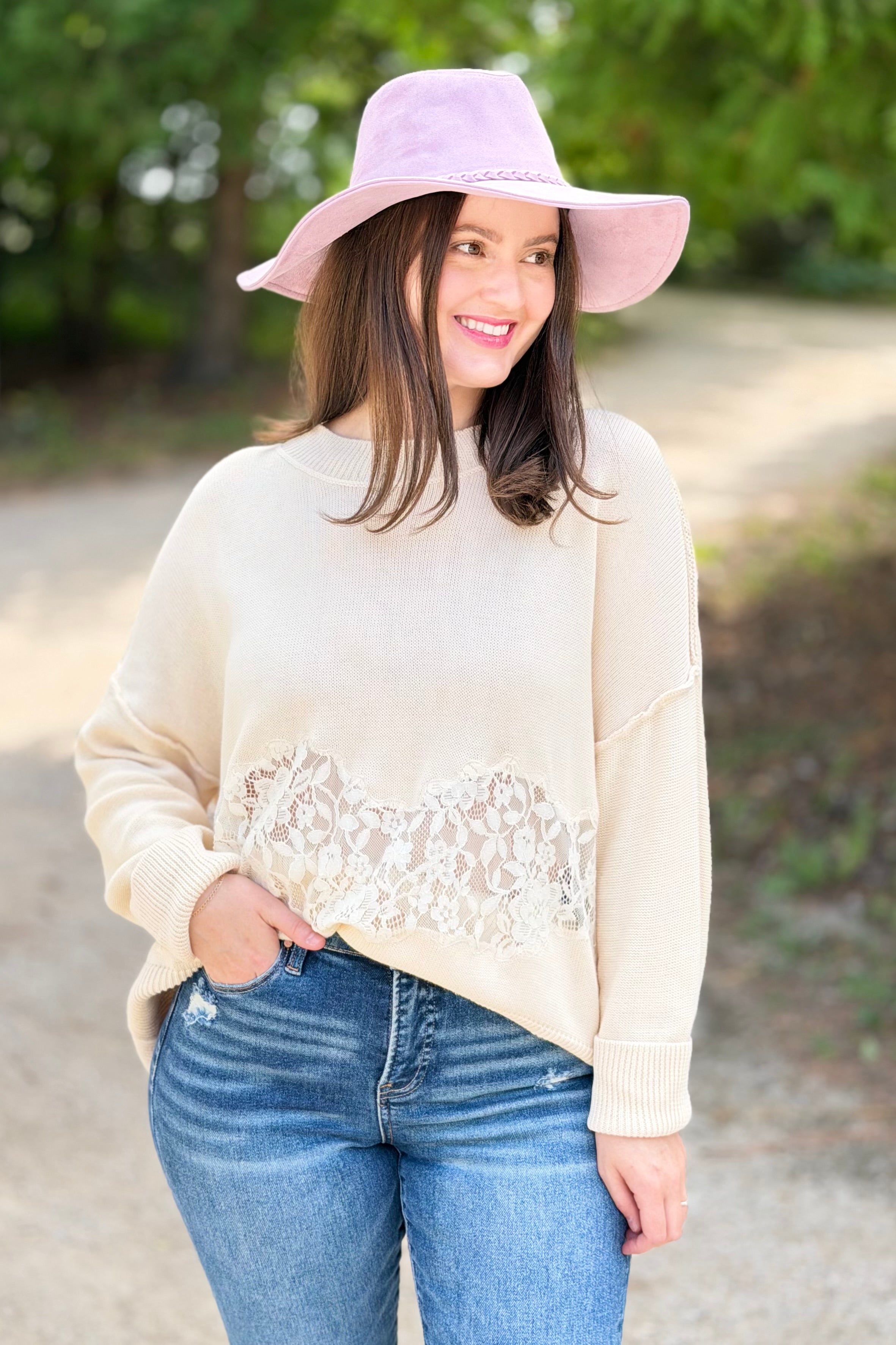 Dropped Shoulder Sweater W/ Lace Detail