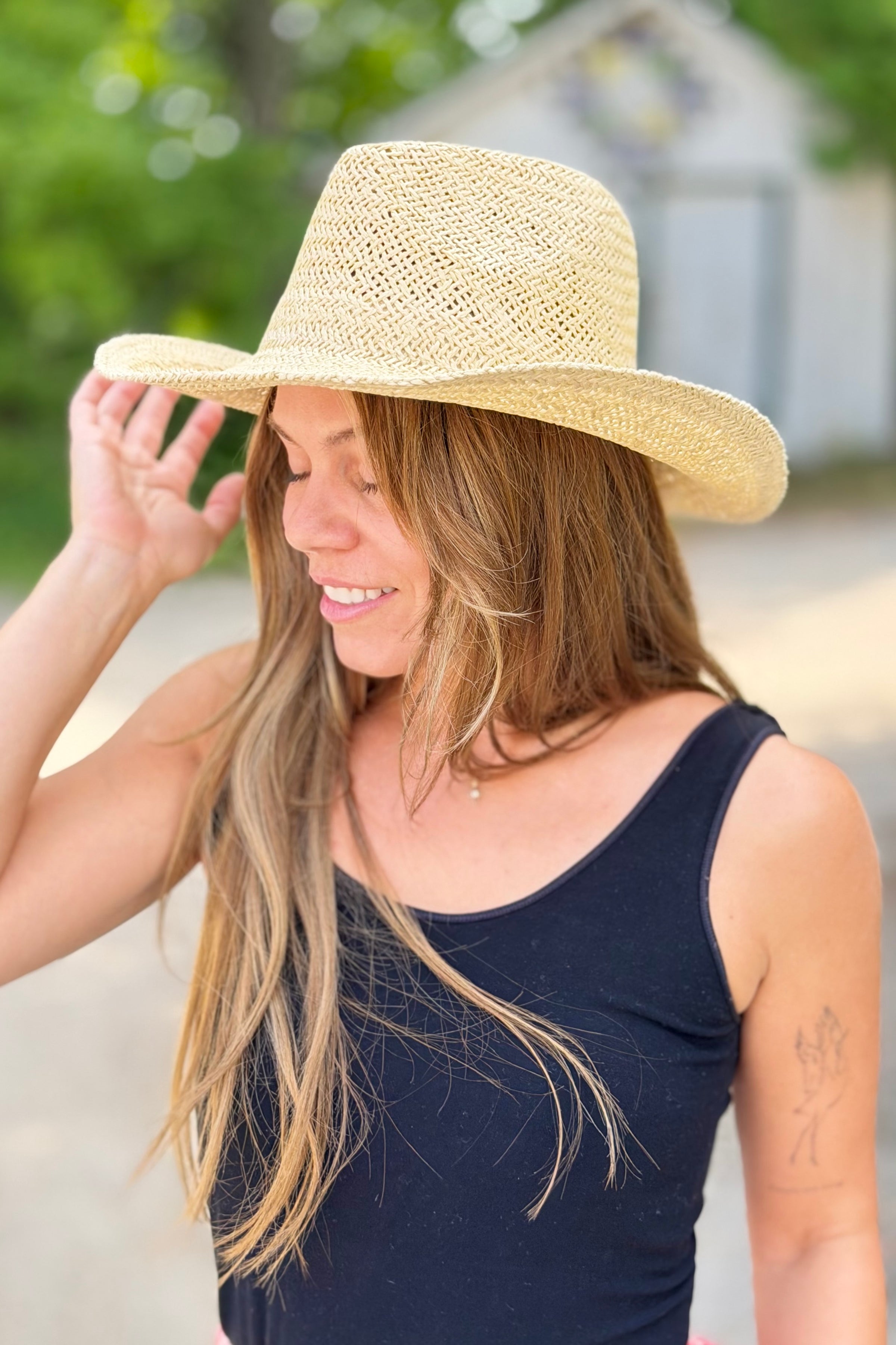 Straw Braided Sun Cowboy Hat - Beige