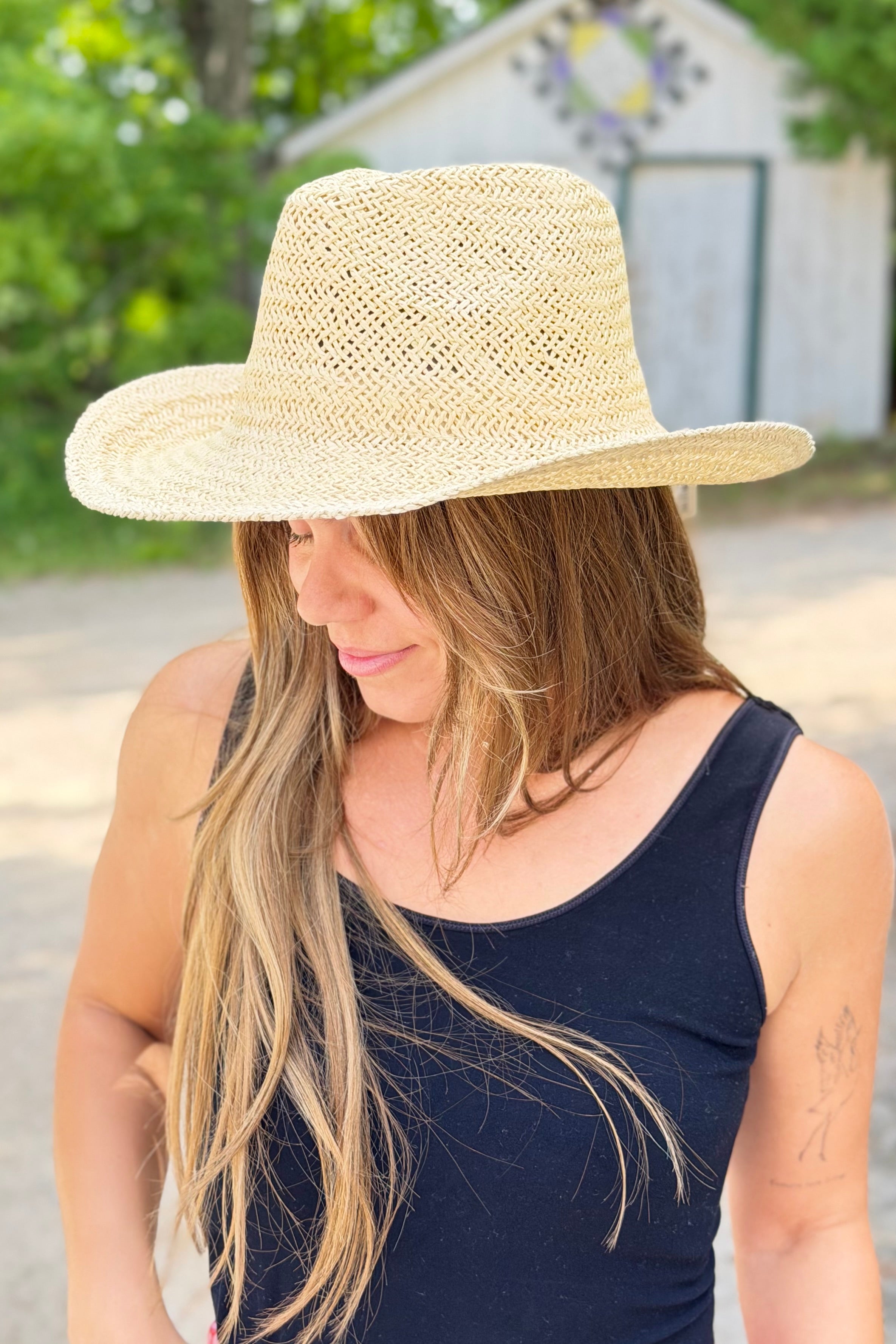 Straw Braided Sun Cowboy Hat - Beige