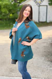 Tiger Pattern Poncho Cardigan - Teal