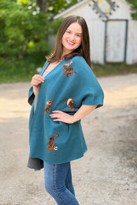 Tiger Pattern Poncho Cardigan - Teal