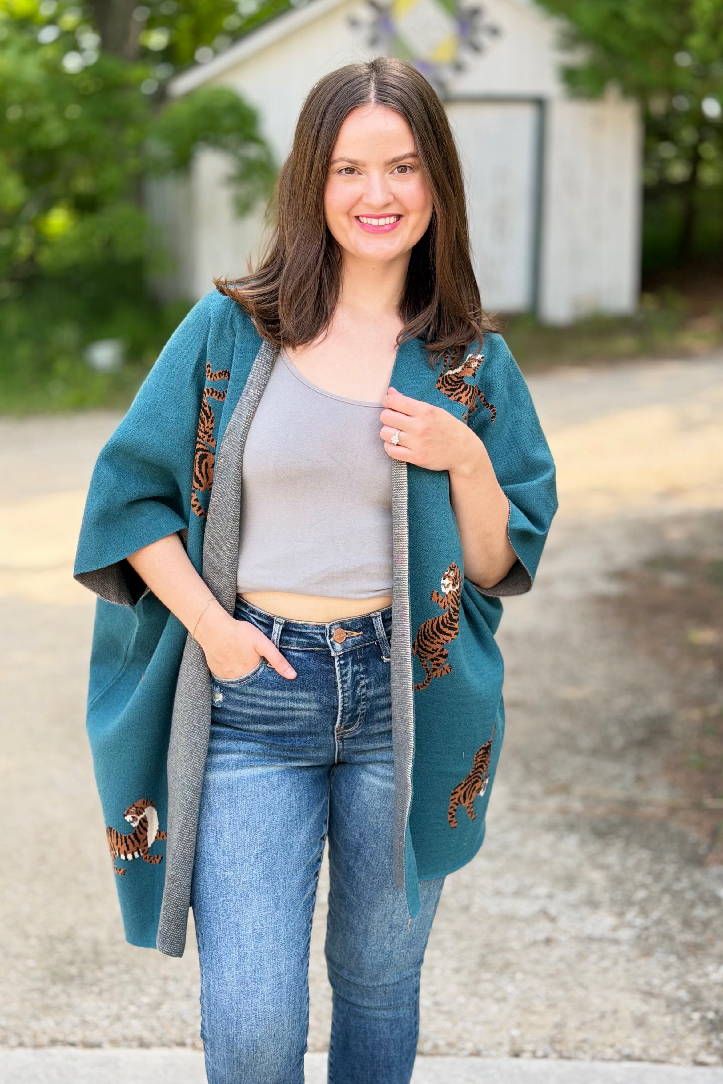 Tiger Pattern Poncho Cardigan - Teal