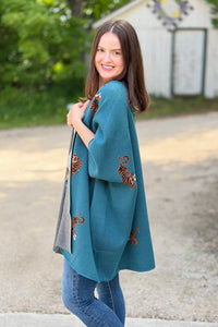 Tiger Pattern Poncho Cardigan - Teal