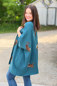 Tiger Pattern Poncho Cardigan - Teal