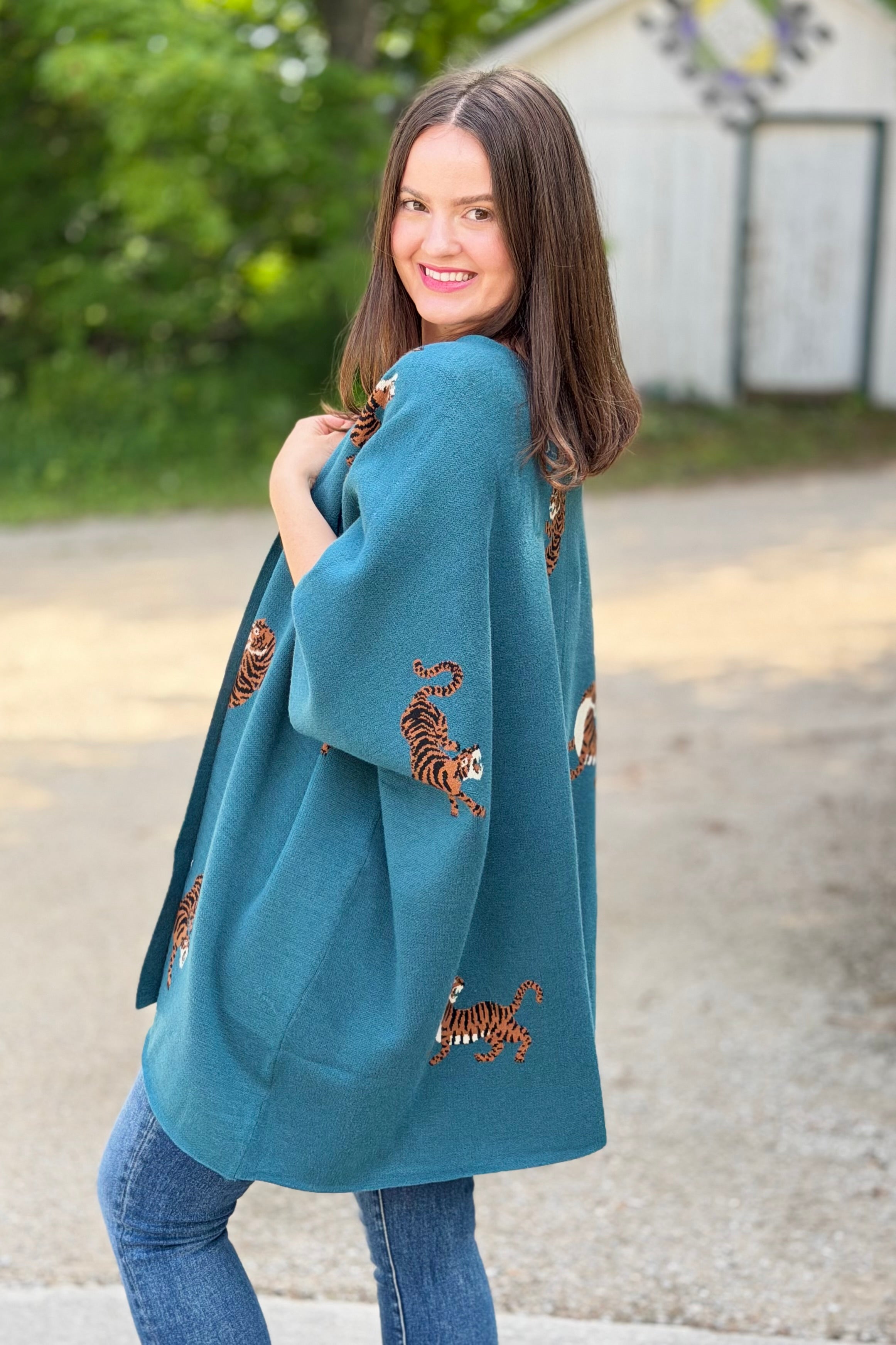 Tiger Pattern Poncho Cardigan - Teal