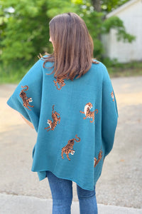 Tiger Pattern Poncho Cardigan - Teal