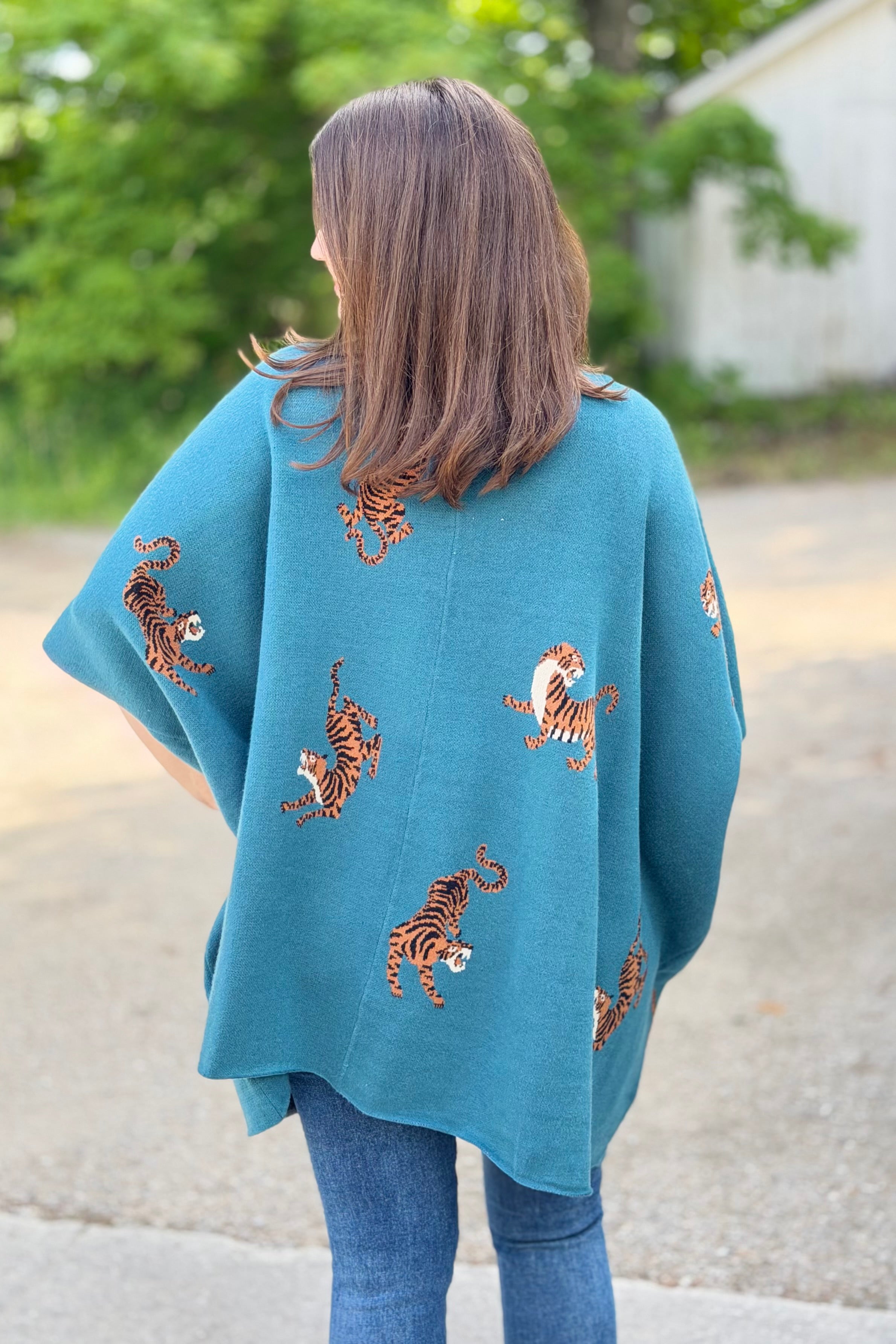Tiger Pattern Poncho Cardigan - Teal