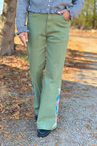 Embroidered Flare Pants - Green