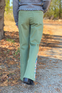 Embroidered Flare Pants - Green