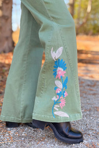 Embroidered Flare Pants - Green