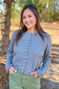 Classic Button Down Ruffled Cardigan - Grey