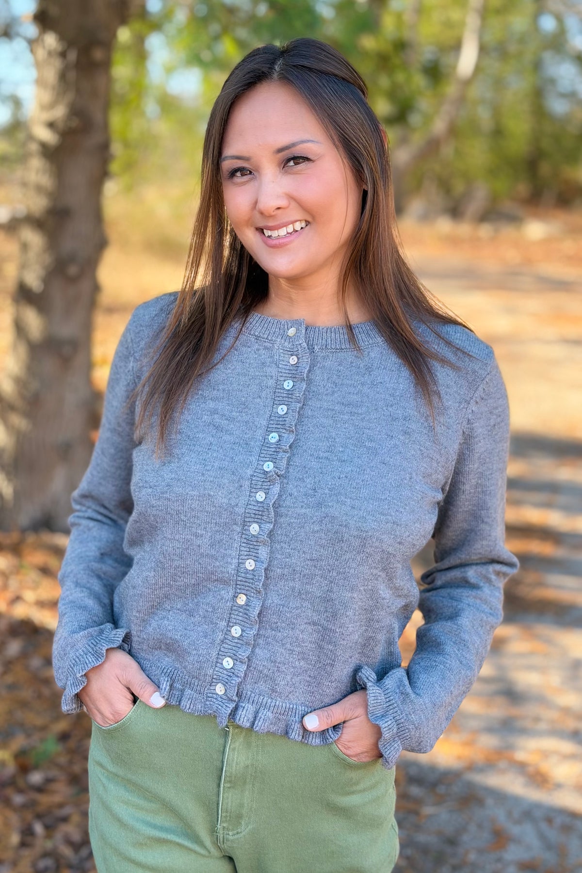 Classic Button Down Ruffled Cardigan - Grey