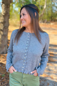 Classic Button Down Ruffled Cardigan - Grey