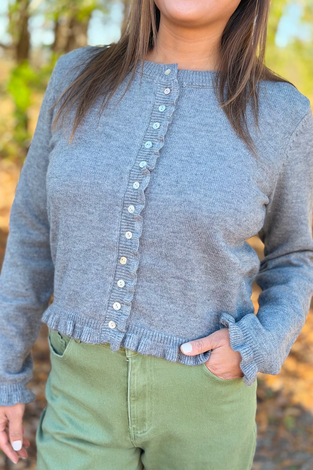 Classic Button Down Ruffled Cardigan - Grey