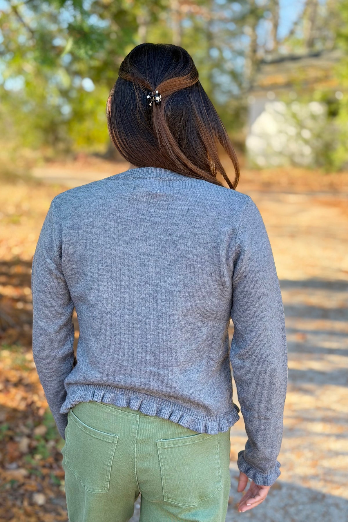 Classic Button Down Ruffled Cardigan - Grey