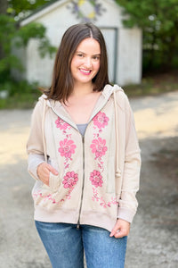Long Sleeve Embroidery Print Front Top - Mushroom