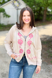 Long Sleeve Embroidery Print Front Top - Mushroom