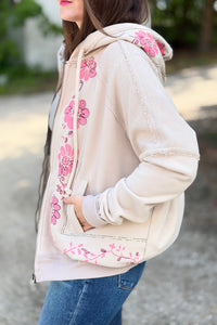 Long Sleeve Embroidery Print Front Top - Mushroom