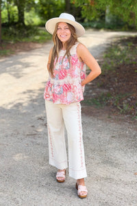 Floral Embroidered Cropped Pants - Ecru