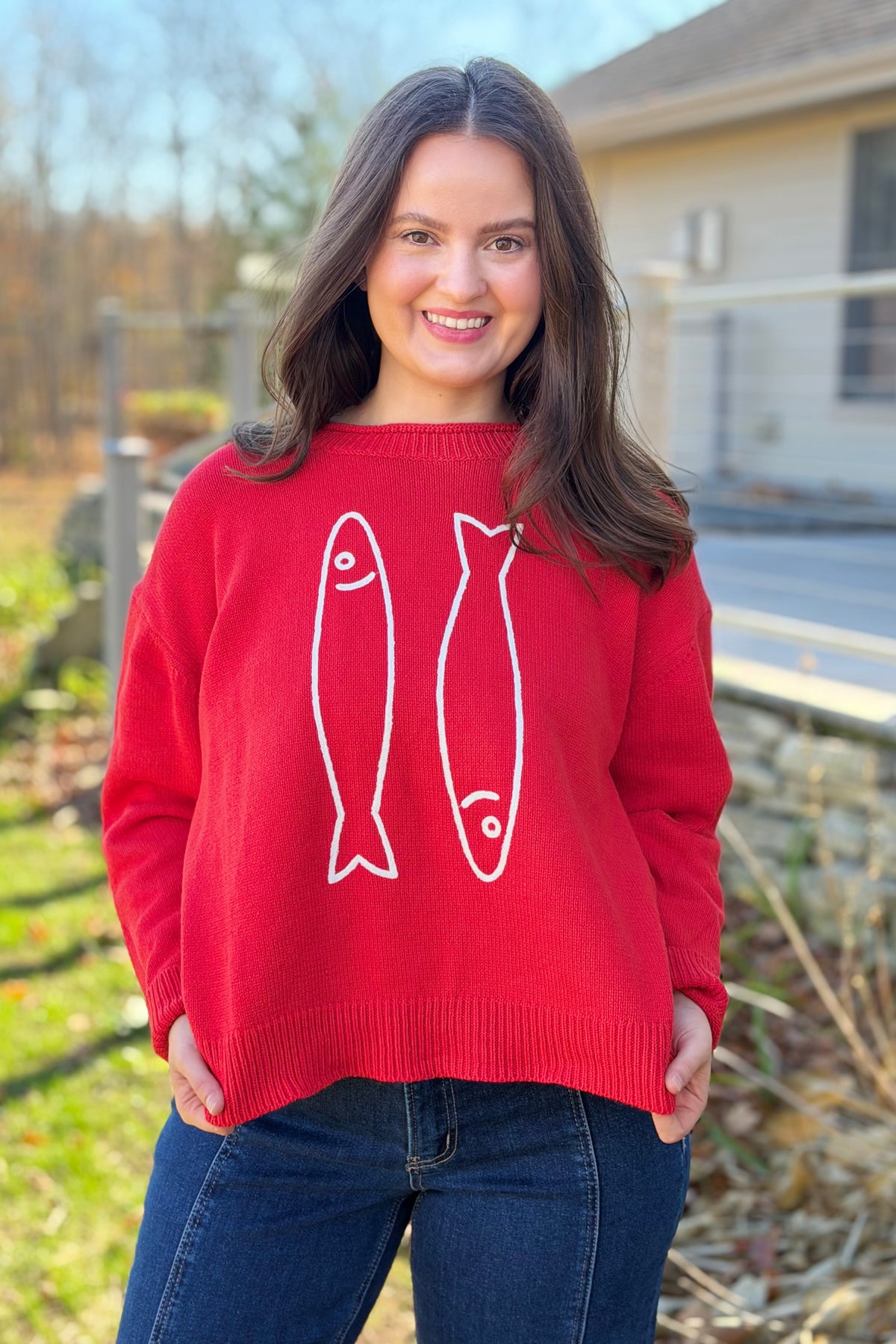 Fish Graphic Knit Sweater - Red