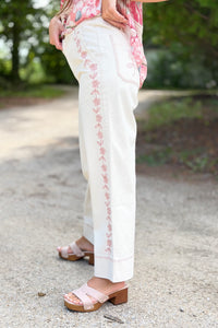 Floral Embroidered Cropped Pants - Ecru
