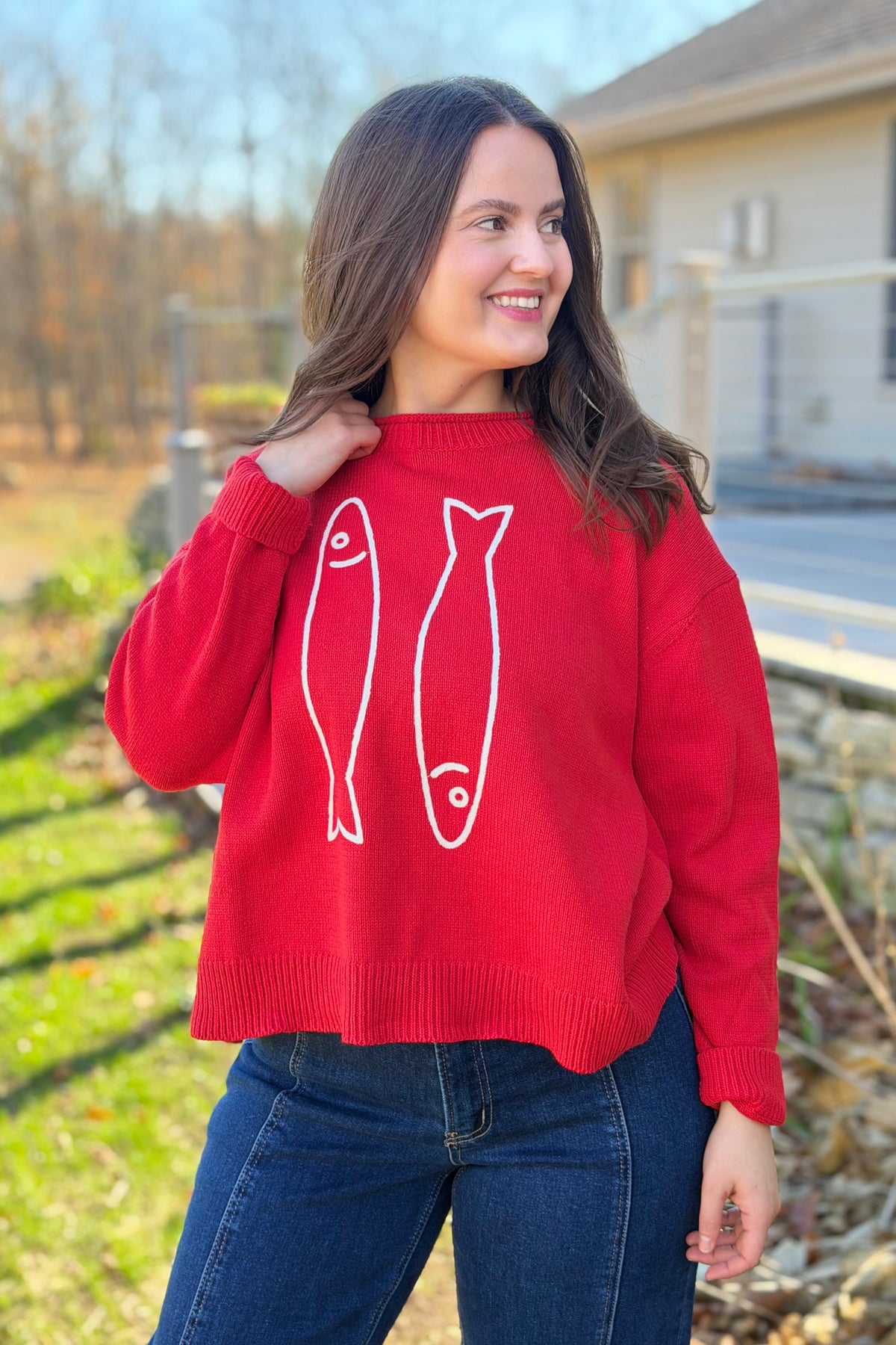 Fish Graphic Knit Sweater - Red