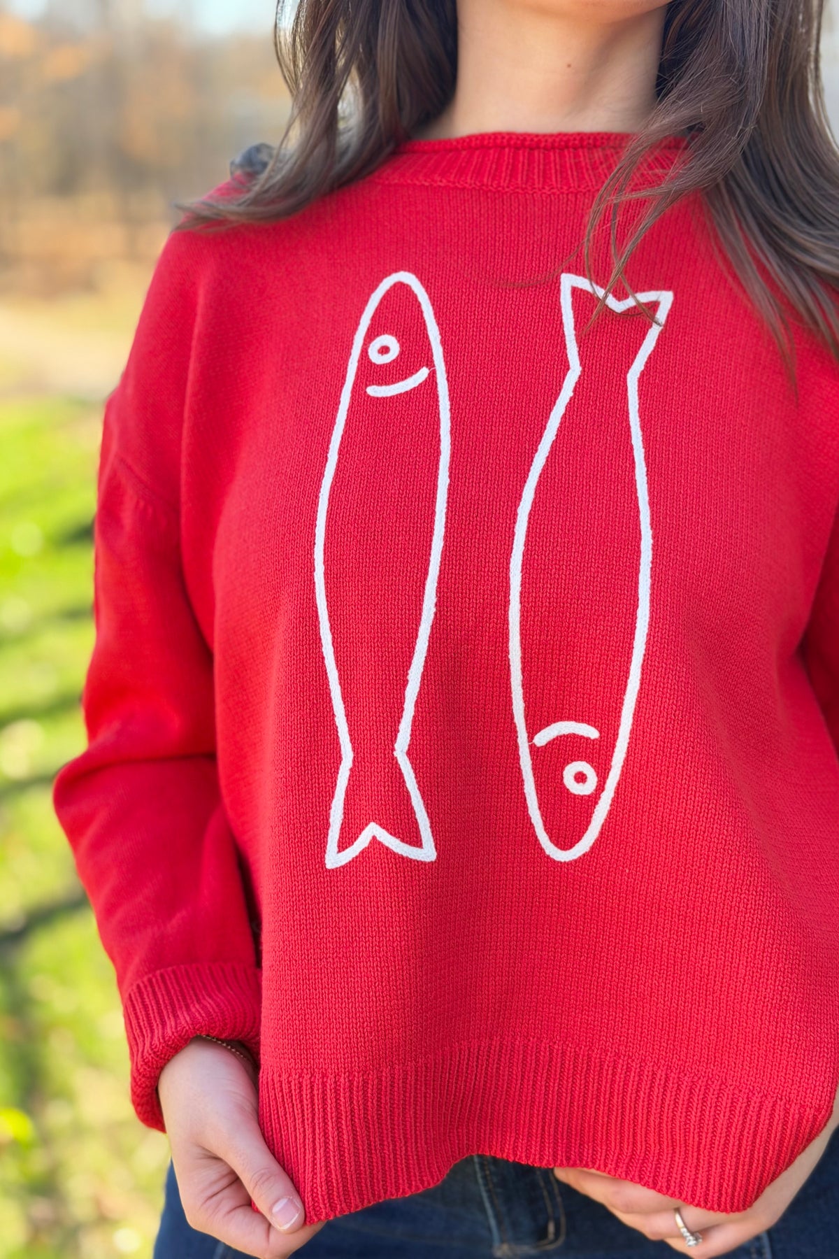 Fish Graphic Knit Sweater - Red
