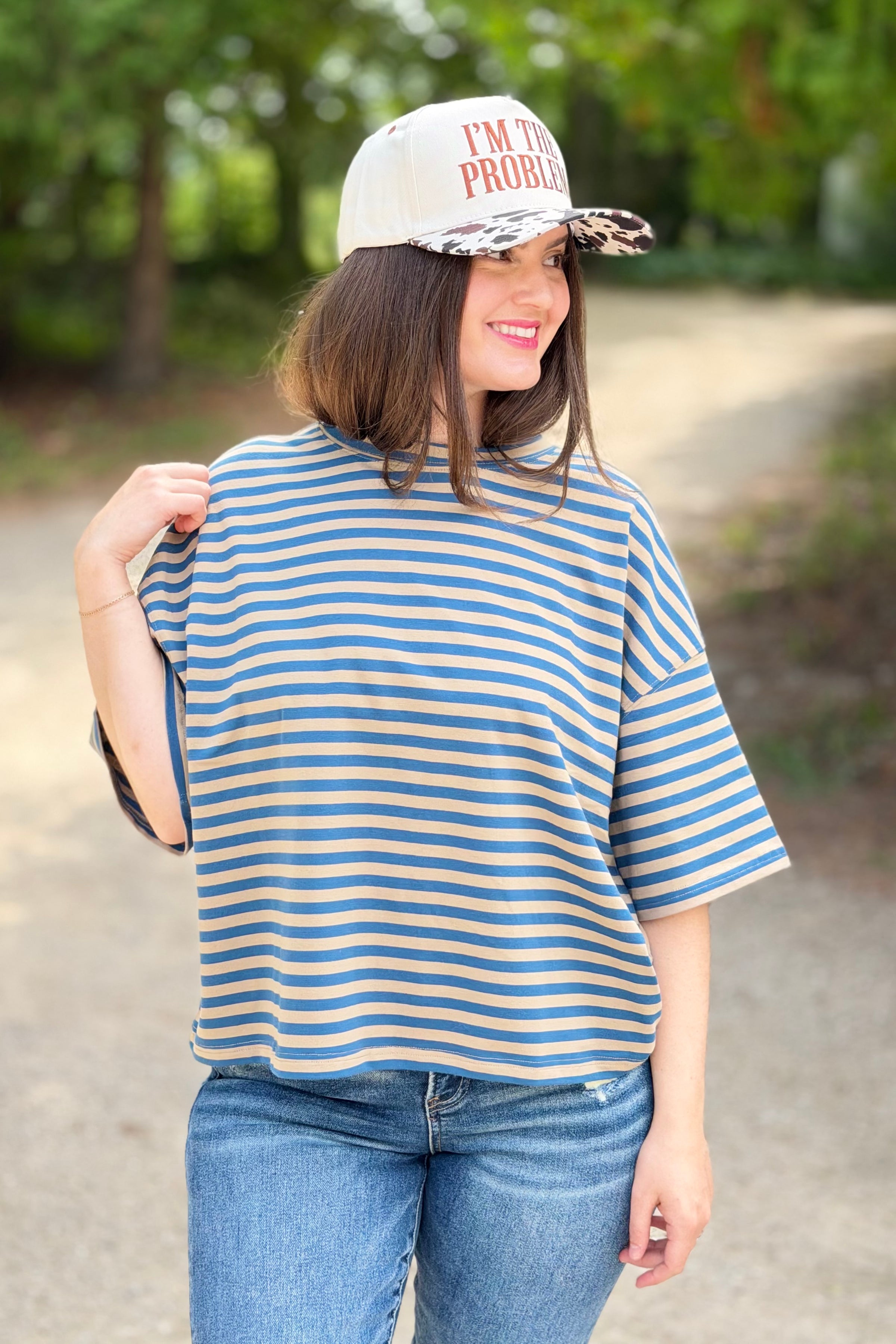 Oversized Stripe Boyfriend Tee - Tan